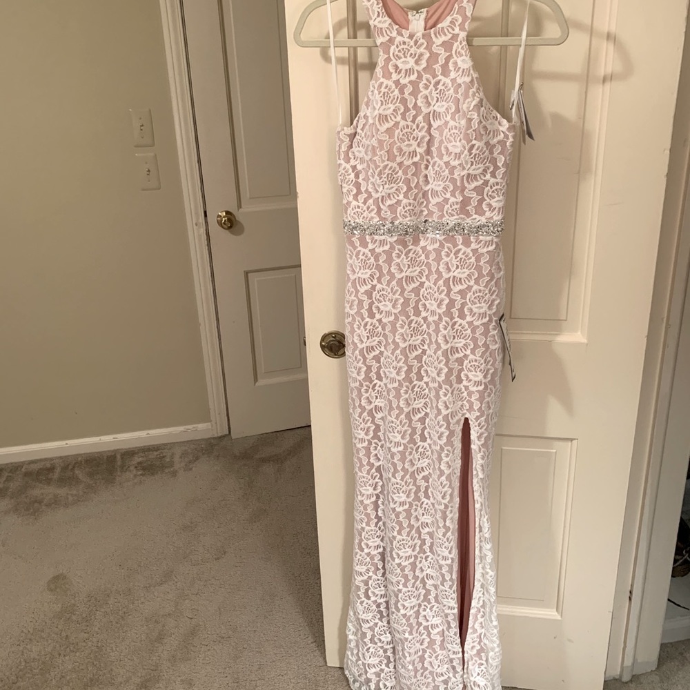 City Studio White Lace Overlay Halter Gown